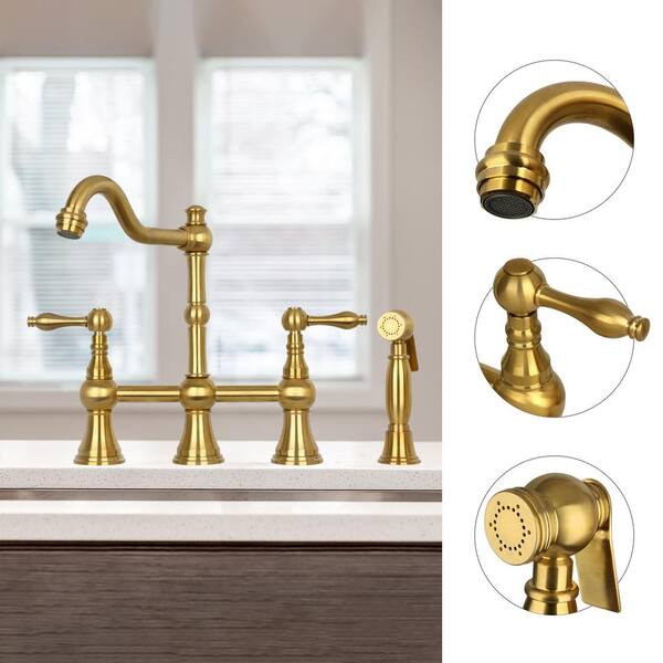 Double Handle Bridge Kitchen Faucet with Side Sprayer in Brushed Gold