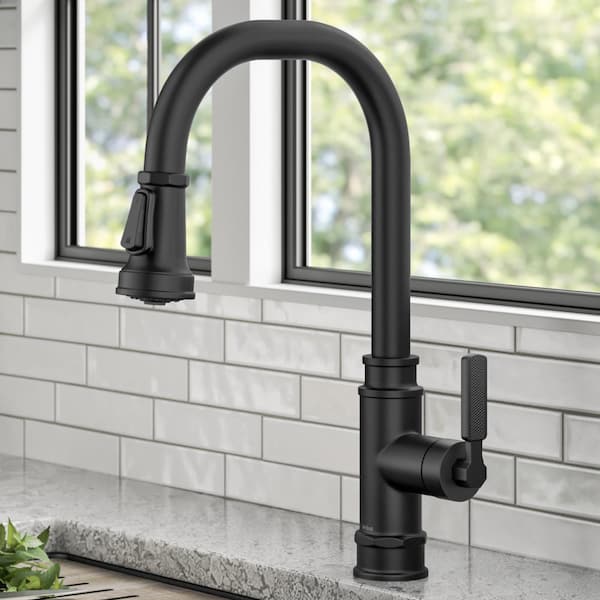 Allyn Transitional Industrial Pull-Down Single Handle Kitchen Faucet in Matte Black