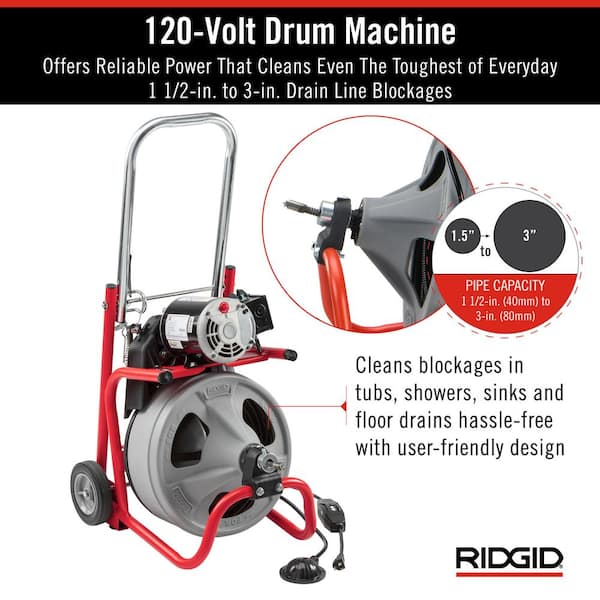 K-400 Drain Cleaning Snake Auger 120-Volt Drum Machine with C-32IW 3/8 in. x 75 ft. Cable + 4-Piece Tool Set & Gloves