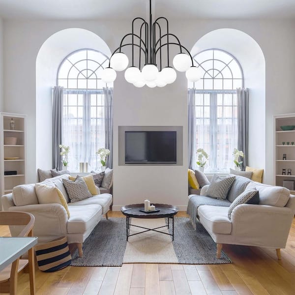 Erik 10-Light Black Unique Modern Elbow Sputnik Chandelier with Frosted White Glass Globe Bubble