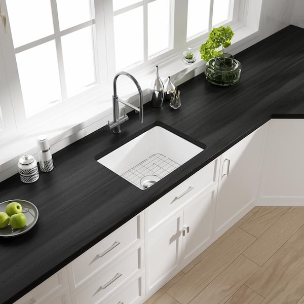 Oslo 24 in. Undermount Single Bowl White Ceramic Kitchen Sink with Botton Grid and Basket Strainer