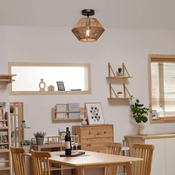 12 in. 1-Light Matte Black Flush Semi-Flush Mount Ceiling Light with Natural Twine Shade