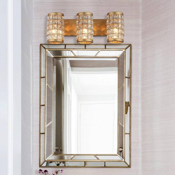 Modern Powder Bath Room Vanity Light, 21.6 in. 3-Light Gold Wall Sconce Light with Cylinder Crystal Shade