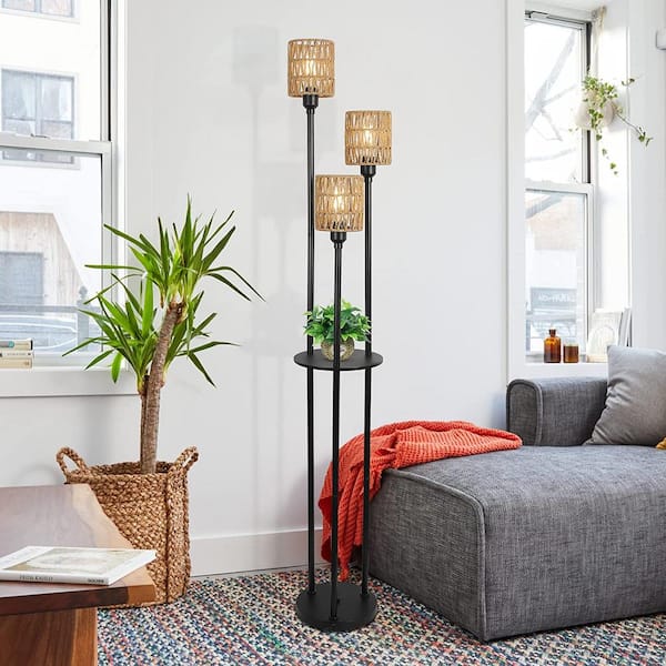 66.1 in. H Brown Standard Floor Lamp with Shelve Farmhouse Lamp with Foot Switch Rustic Standing Lamp with Rattan Shades