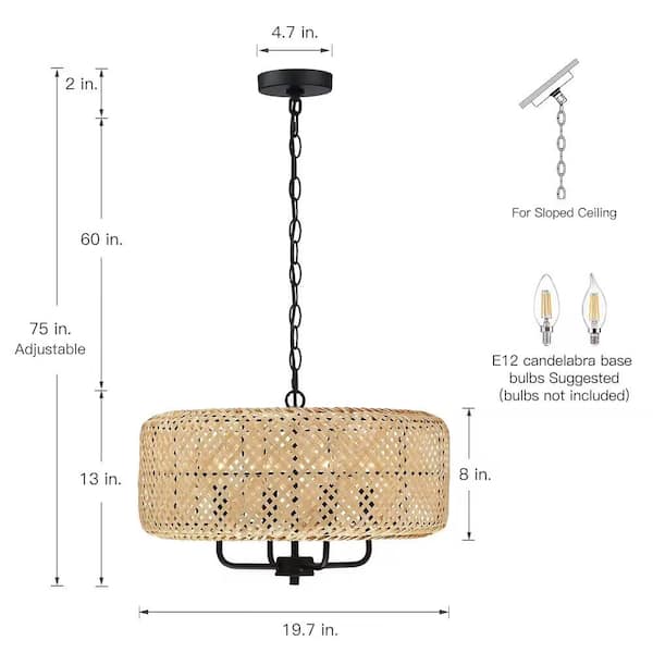 Bungalo 19.7 in. 4-Light Black/Wheat Bohemian Drum Chandelier with Natural Bamboo Shade