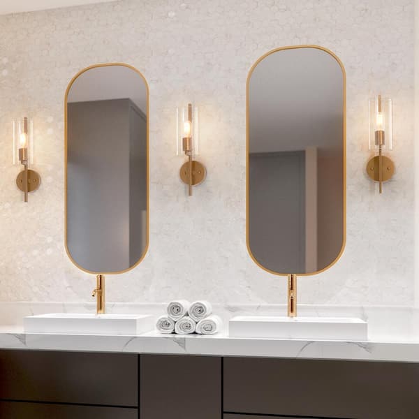 17 in H. Modern Cylinder Powder Room Wall Sconce 1-Light Large Brass Gold Bathroom Single Light with Seeded Glass Shade