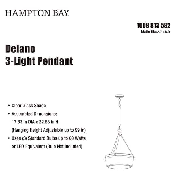 Delano 18 in. W 3-Light Globe Pendant Matte Black Clear Glass