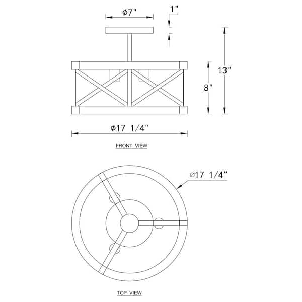 17.25 in. 3-Light Black Semi-Flush Mount with Wood Accent