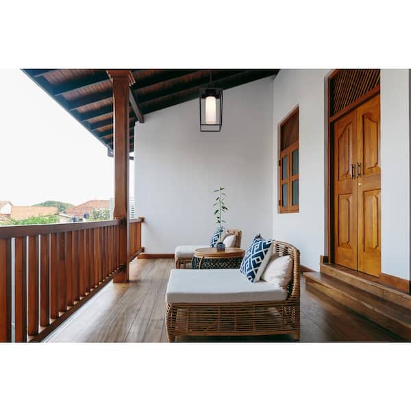 Sheridan 1-Light Black Outdoor Chandelier with White Opal Glass Shade