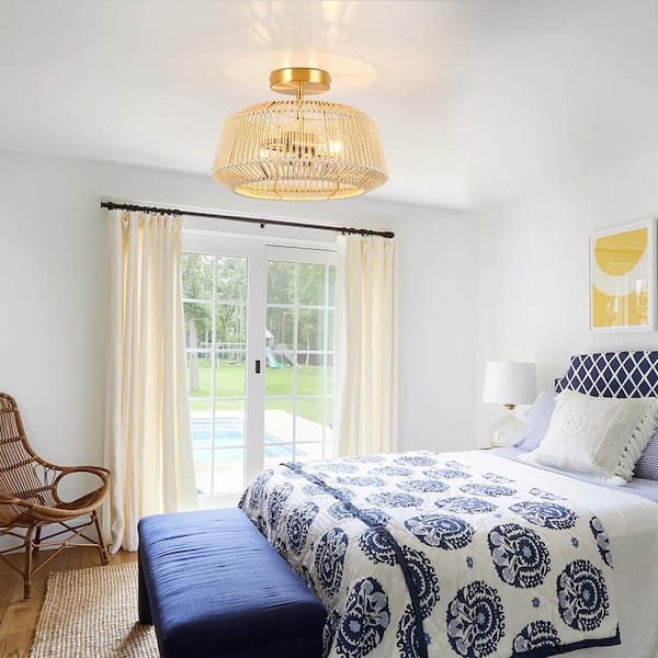 Bohe 14 in. 2-Light Rattan Semi-Flush Mount Ceiling Light with Brass Canopy