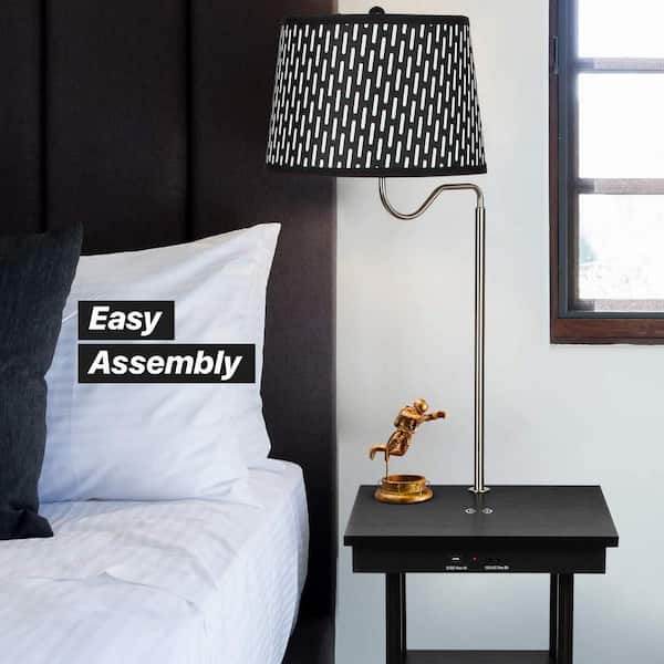 Madison 56 in. Black Narrow Built-In LED End Table Lamp with Pattern Shade Wireless Charging Station and USB Port