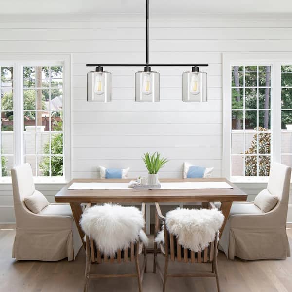 3-Light Black Simple Linear Hanging Light, Kitchen Island Pendant with Clear Glass Shades