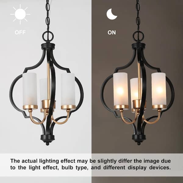 Modern 3-Light Black and Gold Chandelier with Glass Shade Candlestick Pendant Light