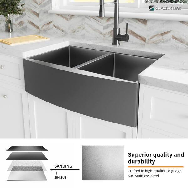 Gunmetal Black Stainless Steel 36 in. 18-Gauge Double Bowl Farmhouse Kitchen Sink with Black Spring Neck Faucet