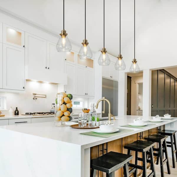 Modern Kitchen Island Chandelier 5-Light Black and Brass Linear Dining Room Chandelier with Clear Glass Shades