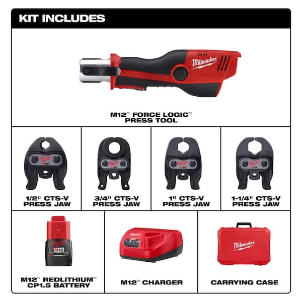 M12 12-Volt Lithium-Ion Force Logic Cordless Press Tool Kit w/ 1/2 in. - 1-1/4in. CTS Jaws, (2) 1.5Ah Batteries & Case