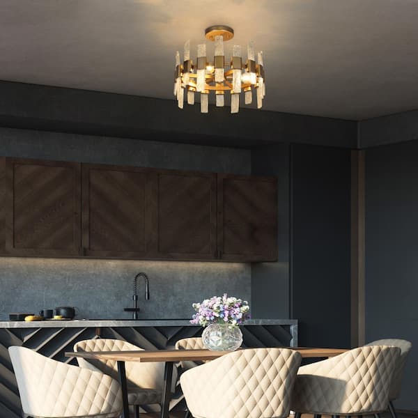 Modern Kitchen Chandelier Ceiling Light, 14.2 in. 3-Light Gold Drum Cylinder Semi-Flush Mount with Ice Glass Strips