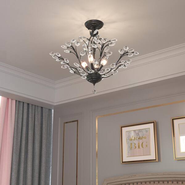 Chicago 18.1 in. 4-Light Black Unique/Statement Tiered Semi Flush Mount With Crystal Accents