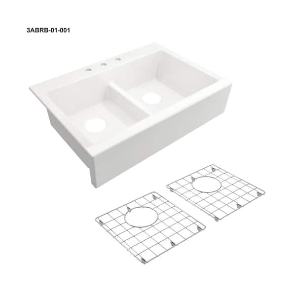 Farmhouse Apron-Front Fireclay 34 in. 3-Hole Double Bowl Kitchen Sink in White with Bottom Grid