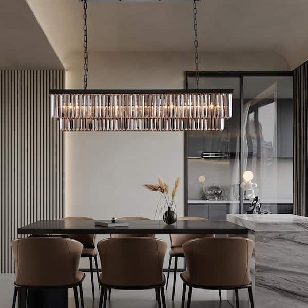 47in 8-Light Modern Crystal Kitchen Chindelier Black Linear Farmhouse Island Kitchen Pendant Light