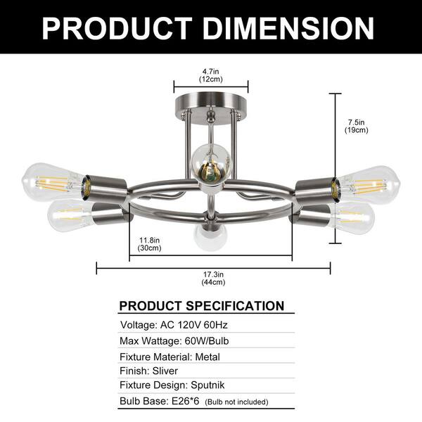 18.31 in. 6-Light Brushed Nickel Modern Sputnik Semi Flush Mount Ceiling Light, Wagon Wheel Design Chandelier Hallway