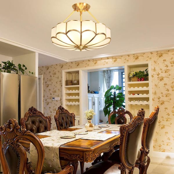 23 in. Tiffany Semi-Flush Mount Ceiling Light with Amber Glass Shade Gold