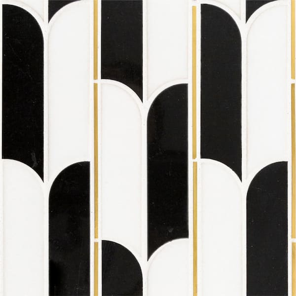 Jubilee White/Black 11.875 in.x 9.375 in.Polished Thassos/Nero Marquina Marble/Gold Metal Mosaic Tile(7.73 sq. ft./Case)