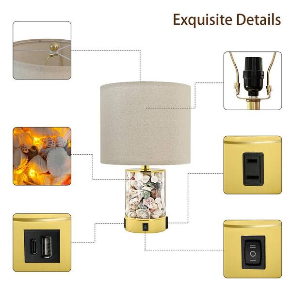 19 in. Gold Table Lamp with Seashell and Night Lights