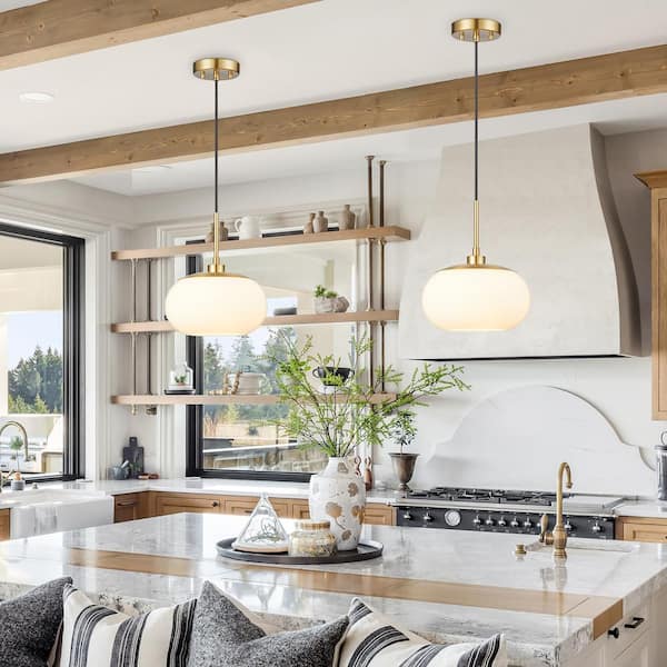 1-Light Opal Glass Pendant Light in Antique Brass Finish