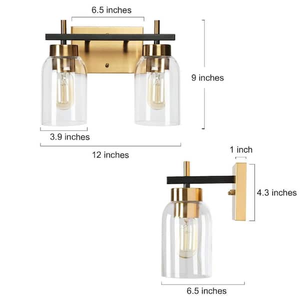 12 in. Modern 2-Light Brass Gold Bathroom Vanity Light, Black Bath Lighting with Cylinder Clear Glass Shades