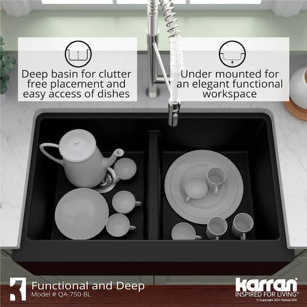 Farmhouse Apron Front Quartz Composite 34 in. Double Bowl Kitchen Sink in Black
