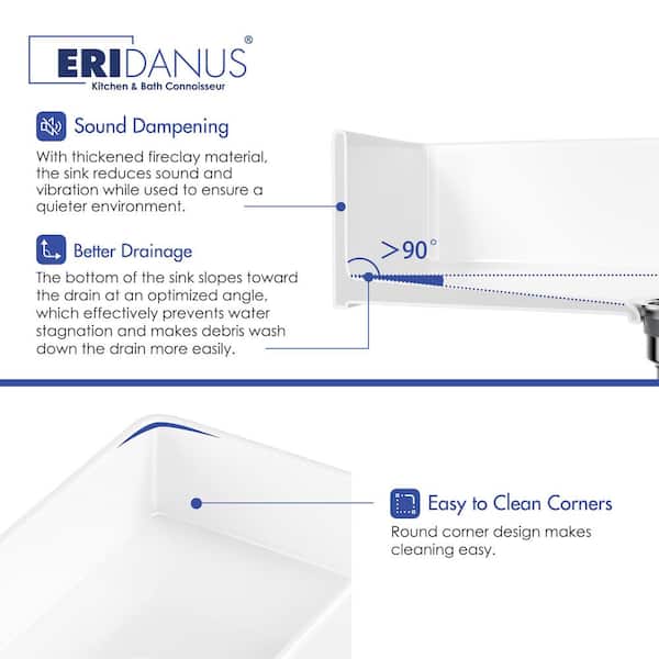 Denbigh Crisp White Fireclay 33 in. Single Bowl Farmhouse Apron Kitchen Sink with Bottom Grid and Basket Strainer