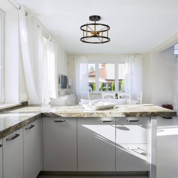 12 in. 2-Light Black Modern Semi-Flush Mount, Brass-Plated Ceiling Light, Farmhouse Open Cage Light Fixture