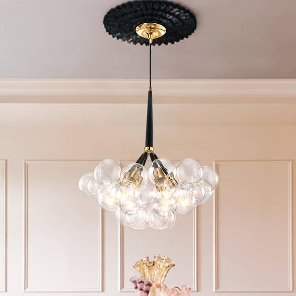 Alma 6-Light Black/Gold Cluster Bubble Globe Chandelier with Clear Glass for Large Room (18-Shade, G125 Bulb Included)