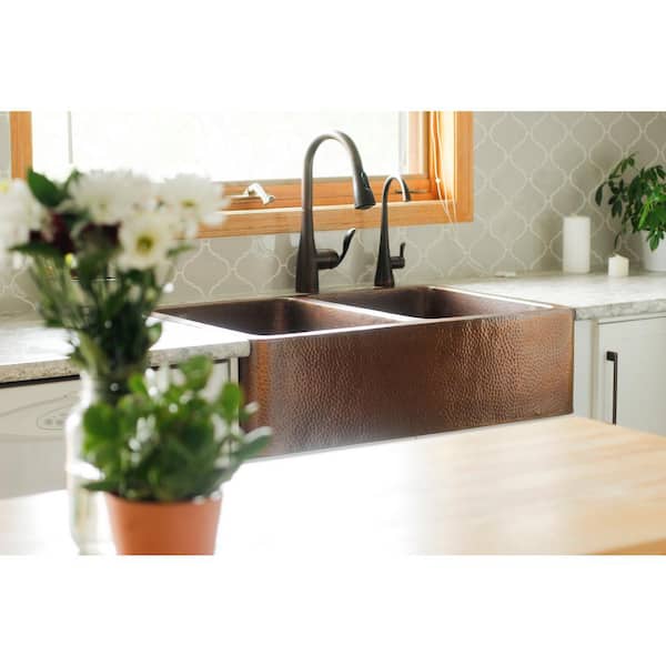 Adams 33 in. Undermount Farmhouse Double Bowl 16 Gauge Antique Copper Kitchen Sink