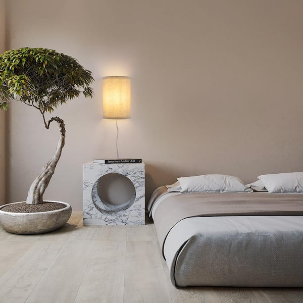 1-Light Off-White Fabric Round LED Wall Sconce Wall Light with Bulb (2-Pack)