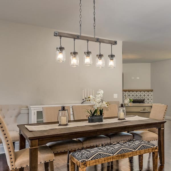 Morice Farmhouse Chandelier 5-Light Black Modern Linear Mason Jar Island Chandelier with Faux Wood Accent