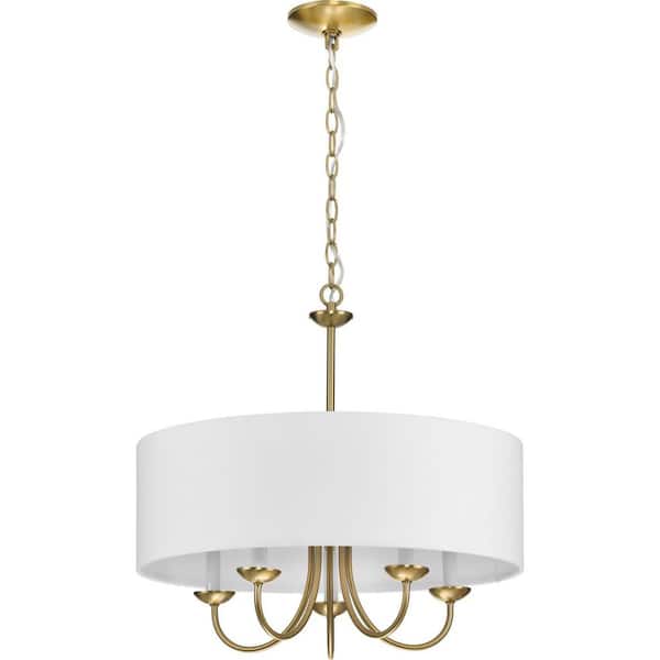 Drum Shade 5-Light Brushed Bronze White Fabric Shade New Traditional Chandelier Light