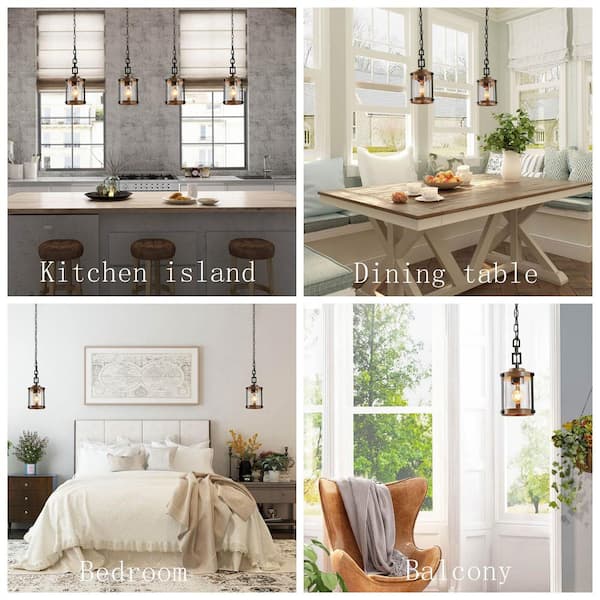 Modern Farmhouse Brown Chandelier 1-Light 6 in. Black Drum Mini Island Pendant Light with Seeded Glass Shades