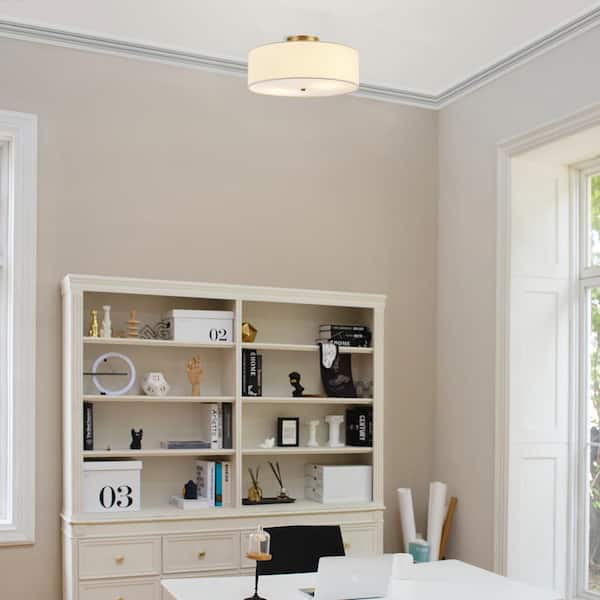 Kyle 15.9 in. 2-Light Matte Brass Semi-Flush Mount with White Linen Shade