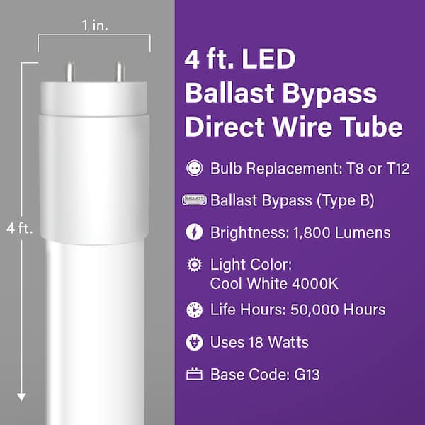 18-Watt 4 ft. T8/T12 G13 Type B Ballast Bypass Linear LED Tube Light Bulb, Cool White 4000K (10-Pack)