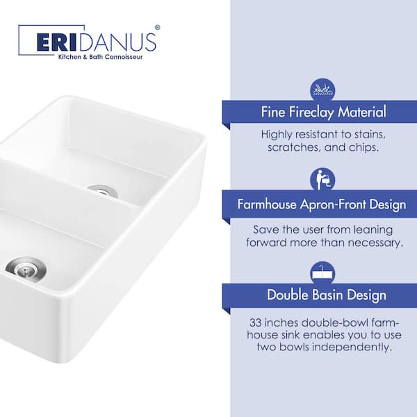 Denbigh Crisp White Fireclay 33 in. Double Bowl Farmhouse Apron Kitchen Sink with Bottom Grid