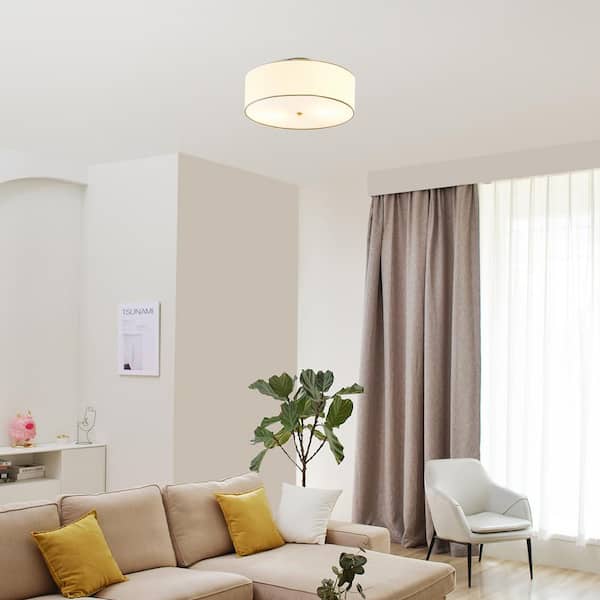 Kyle 15.9 in. 2-Light Matte Brass Semi-Flush Mount with White Linen Shade