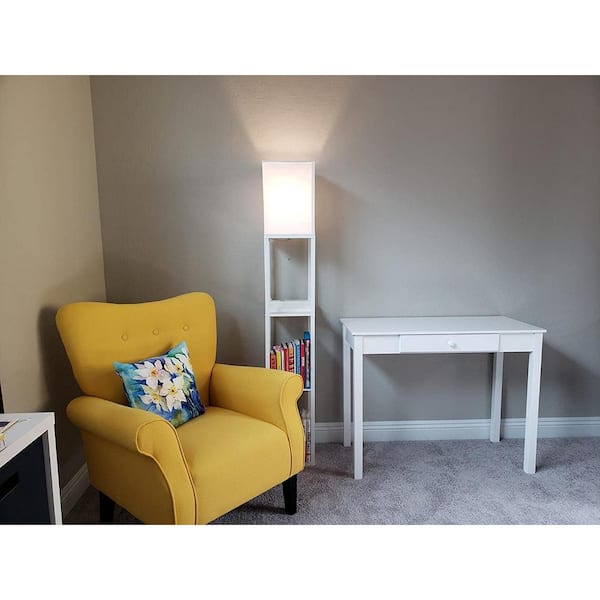 Maxwell 63 in. Brown LED Skinny Shelf Column Floor Lamp with USB Charging Ports and Electrical Outlet