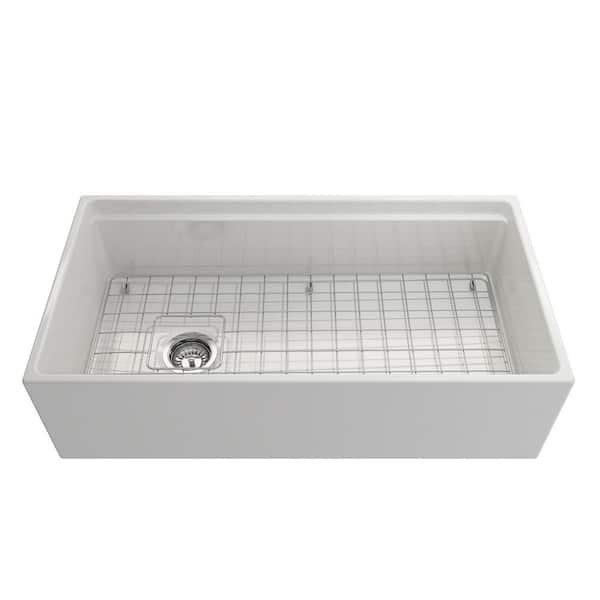 Contempo Step-Rim White Fireclay 36 in. Single Bowl Farmhouse Apron Front Workstation Kitchen Sink with Faucet