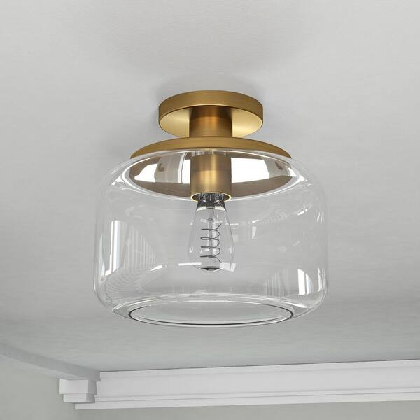 Tatum 11 in. Brushed Brass and Clear Semi Flush Mount with Glass Shade
