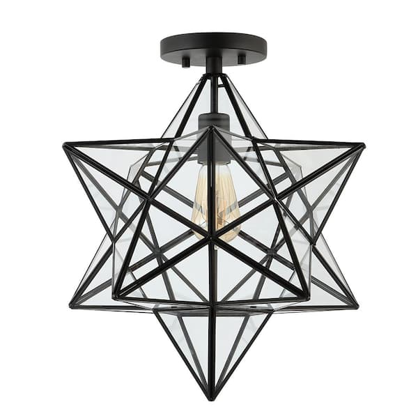 Ava 14.5 in. Black/Clear 1-Light Farmhouse Bohemian Iron/Glass LED Semi Flush Mount