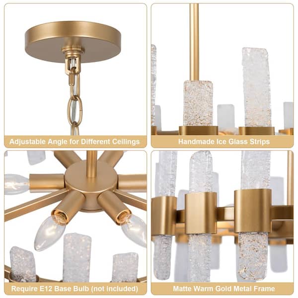 Mid-Century Modern Gold Kitchen Island Chandelier, 6-Light Glam Dining Room Ceiling Light with Icing Glass Strips