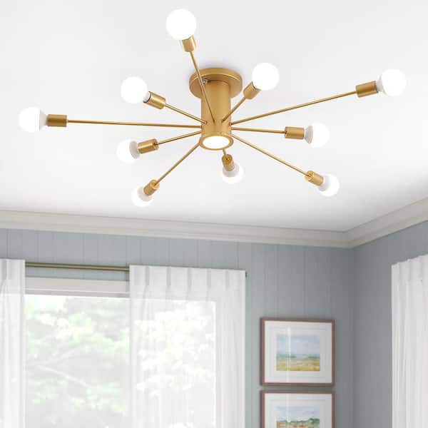 Wingard 39.37in. 10-Light Gold Modern Sputnik Ceiling Light Mid-Century Semi-Flush Mount with A LED Spotlight