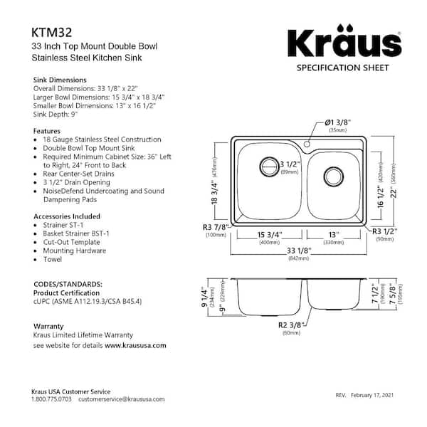 Drop-In Stainless Steel 33 in. 1-Hole 60/40 Double Bowl Kitchen Sink Kit